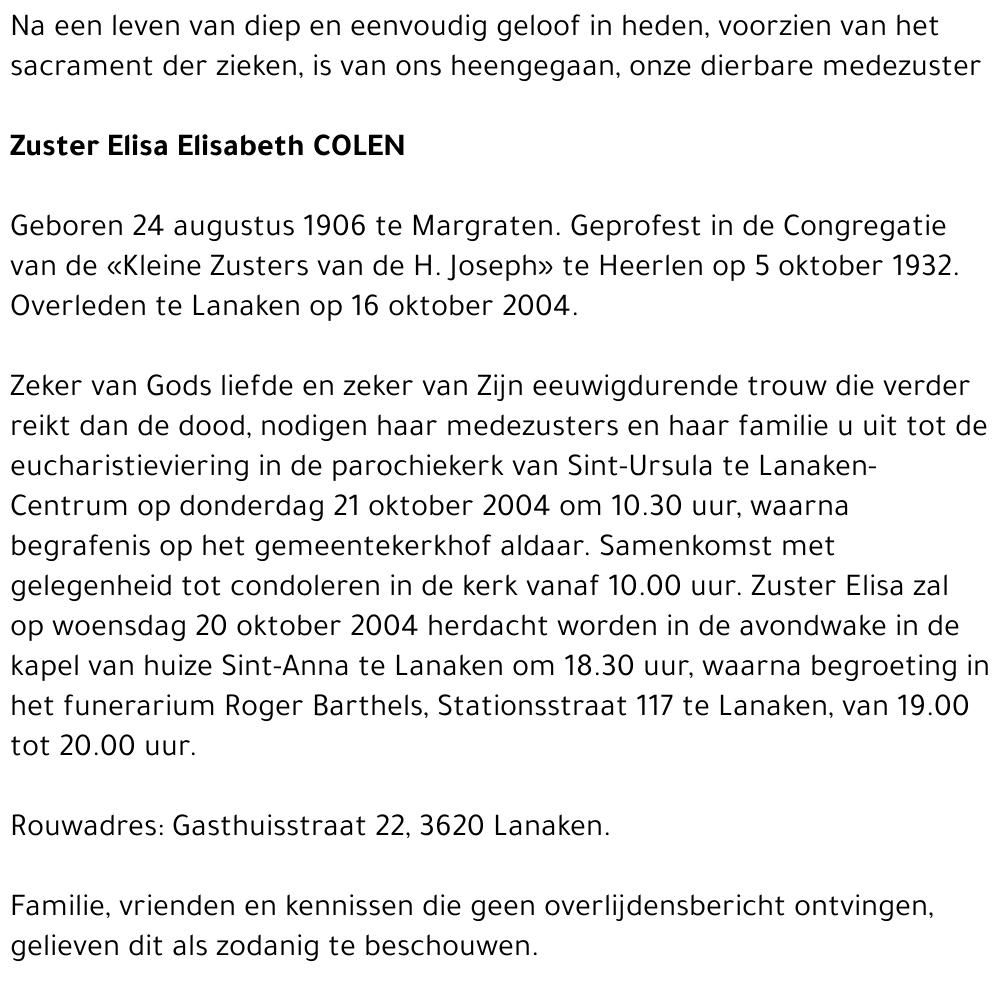 Zuster Elisa Elisabeth Colen