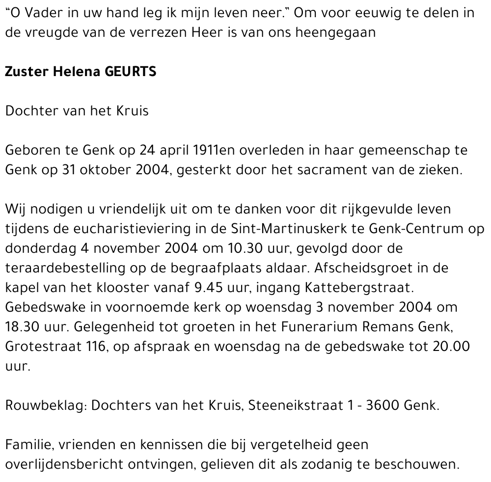 Zuster Helena GEURTS