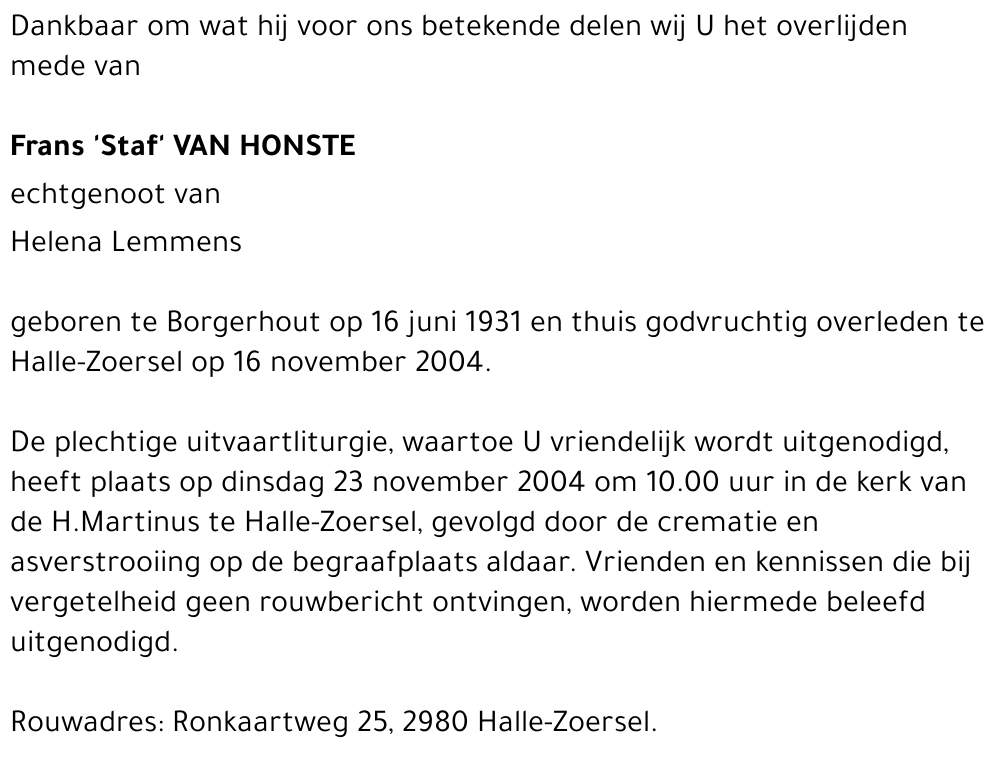 Frans 'Staf' VAN HONSTE