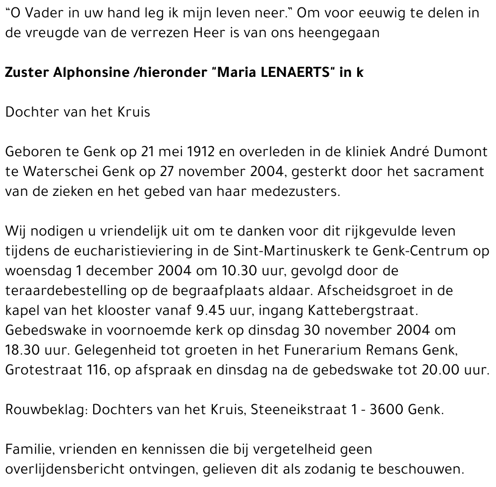 Zuster Alphonsine Maria LENAERTS