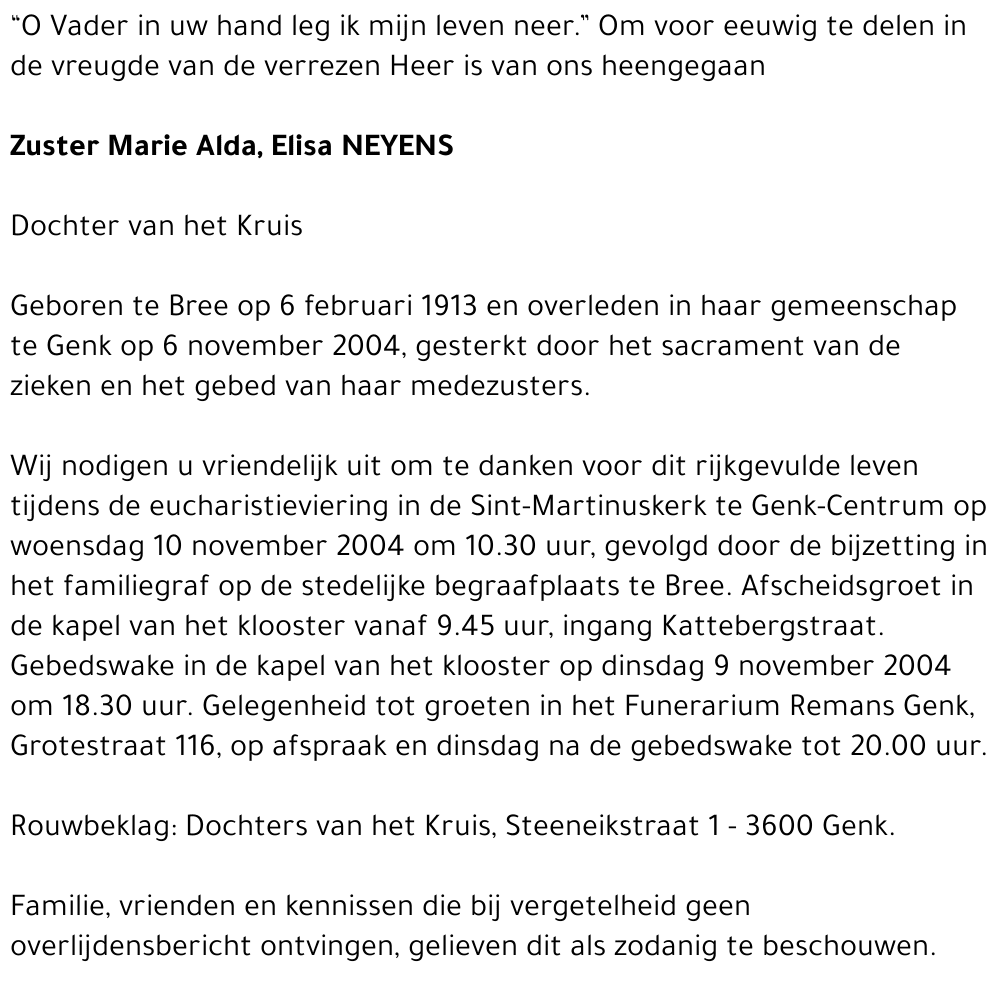 Zuster Marie Alda Elisa NEYENS