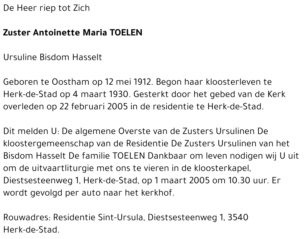 Zuster Antoinette Maria Toelen