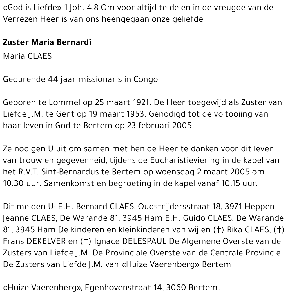 Zuster Maria Bernardi Claes