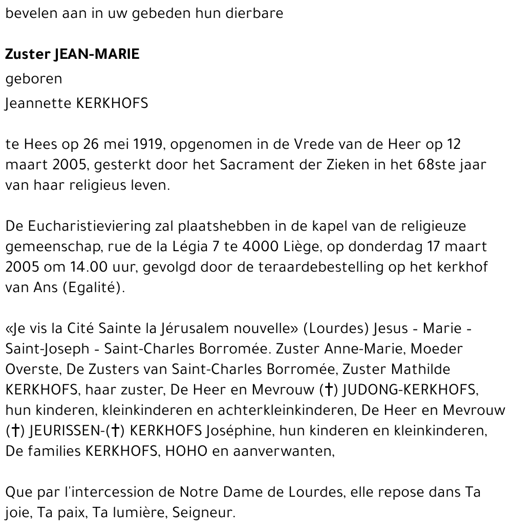 Jeannette (Soeur Jean-Marie) Kerkhofs