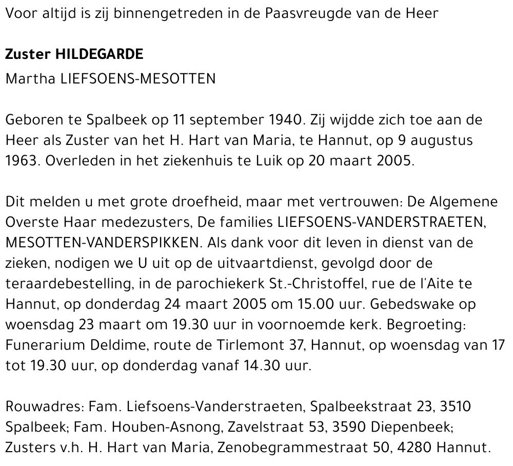 Zuster Hildegarde Martha Liefsoens-Mesotten