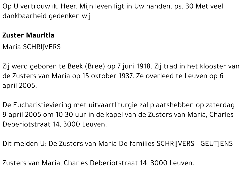 Zuster Mauritia (Maria) Schrijvers