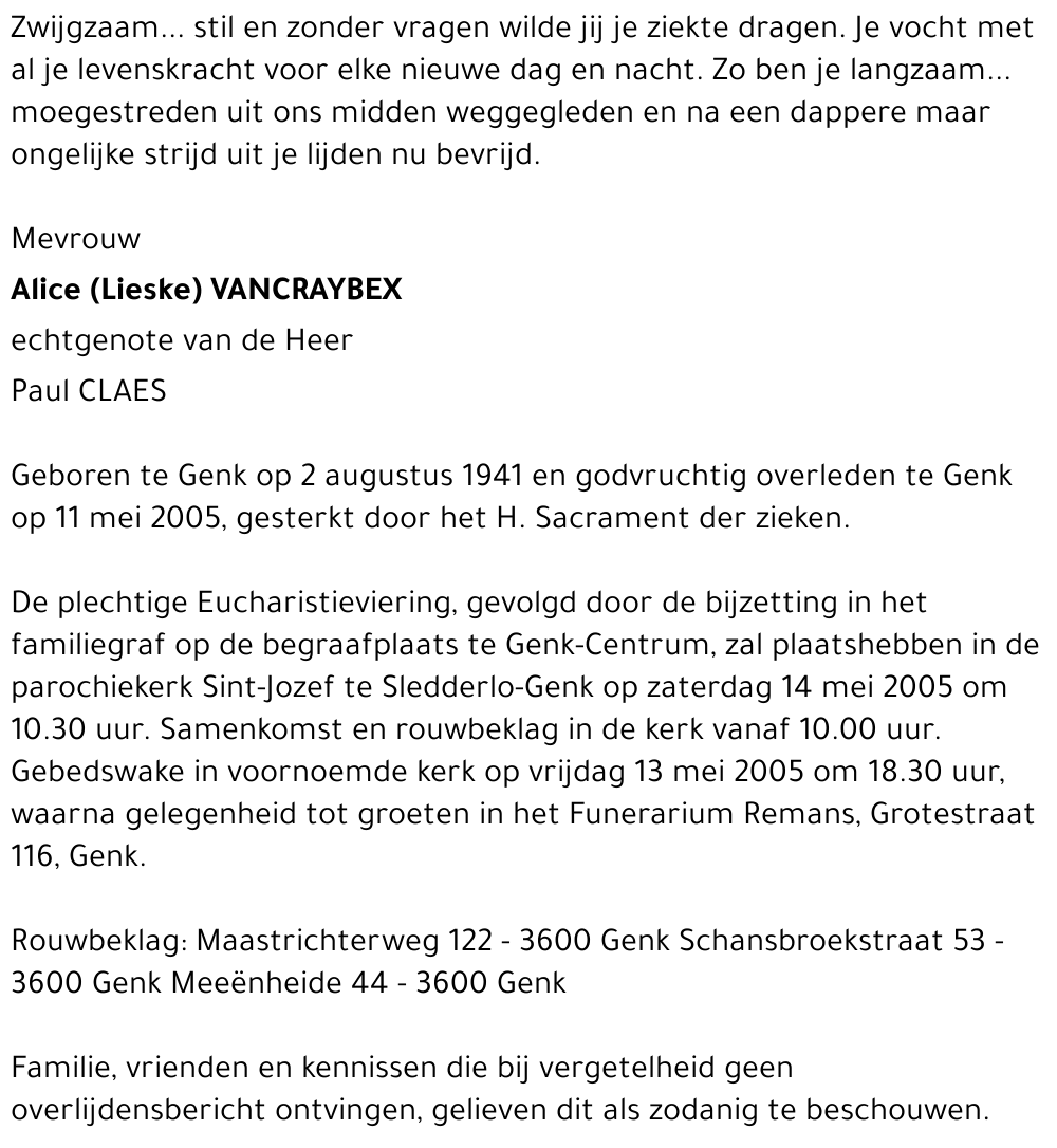 Alice (Lieske) VANCRAYBEX