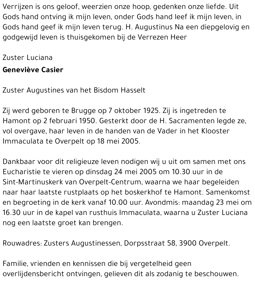 Zuster Luciana Geneviève Casier