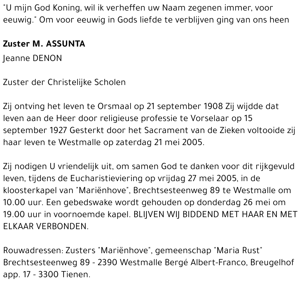 Zuster M Assunta/Jeanne Denon