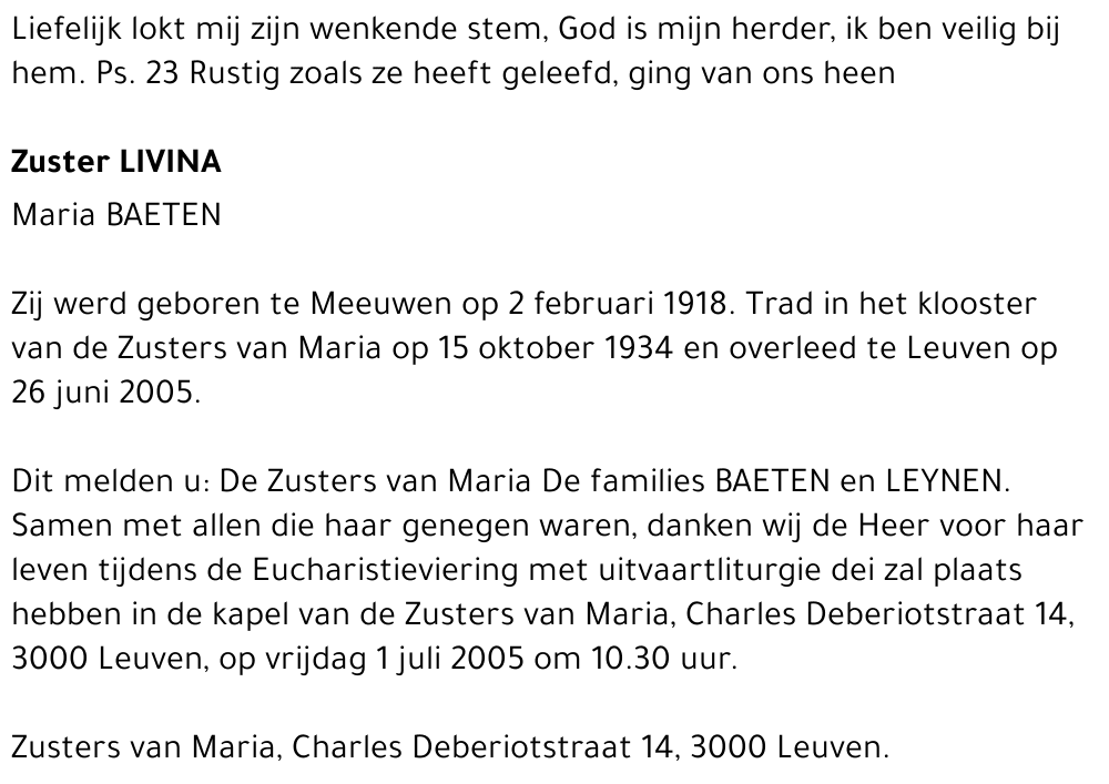 Zuster Livina Maria BAETEN