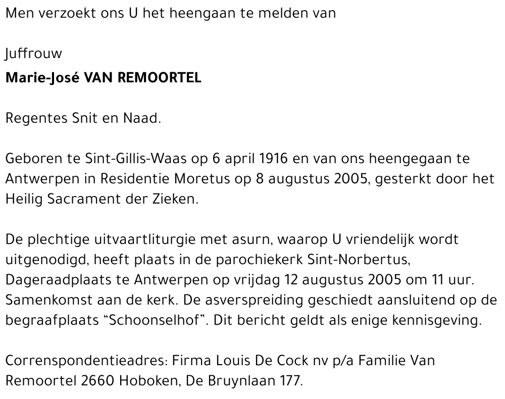 MARIE-JOSE VAN REMOORTEL