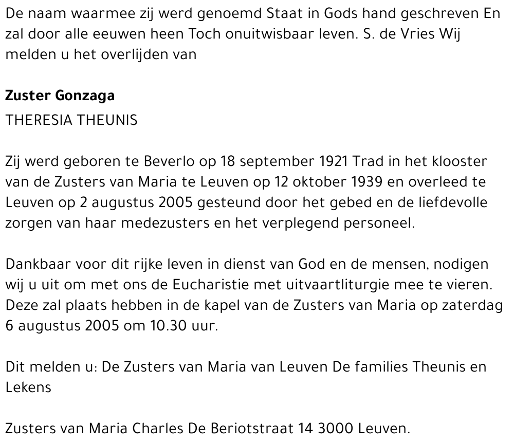 Zuster Gonzaga Theresia Theunis