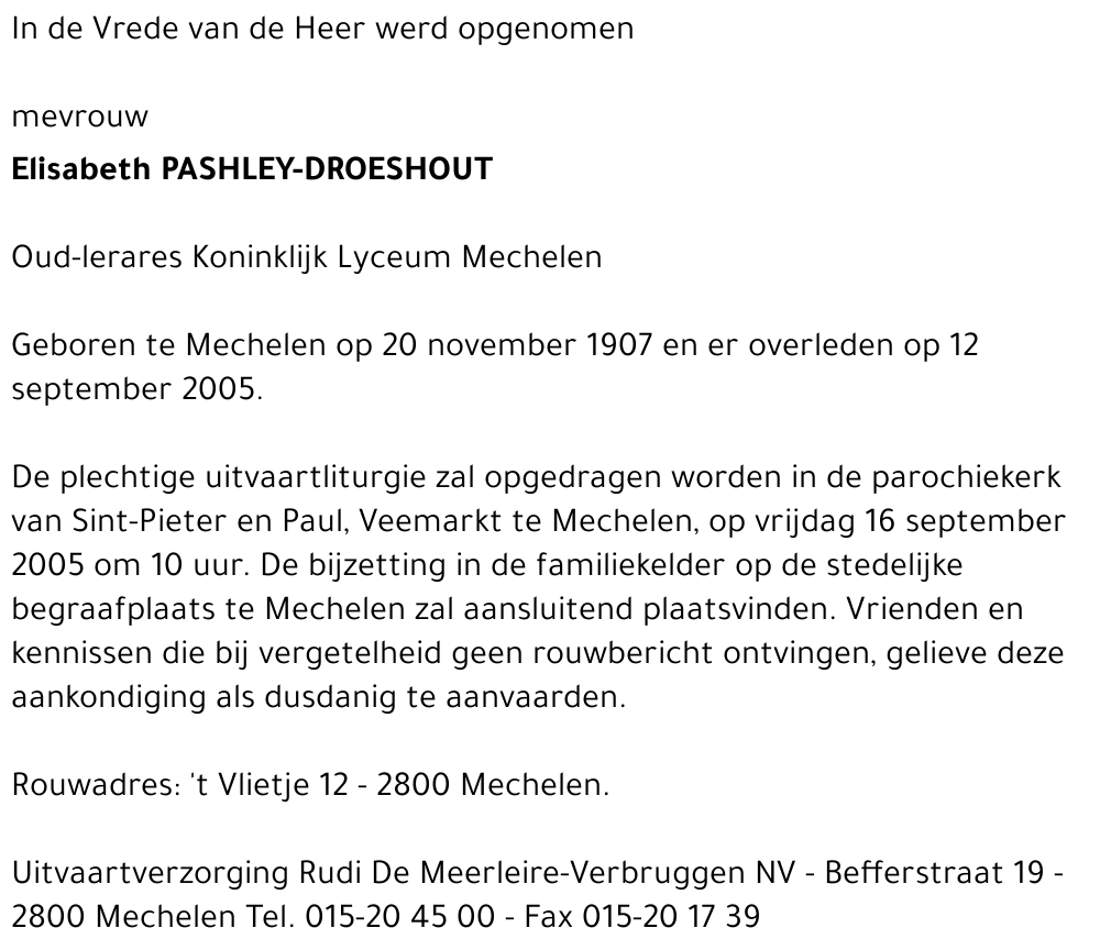 ELISABETH PASHLEY-DROESHOUT