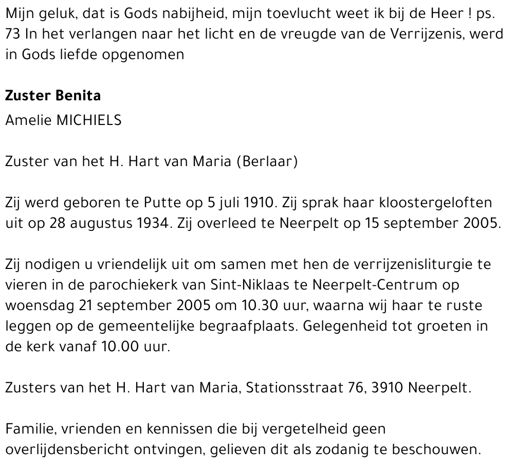 Zuster Benita Amelie Michiels