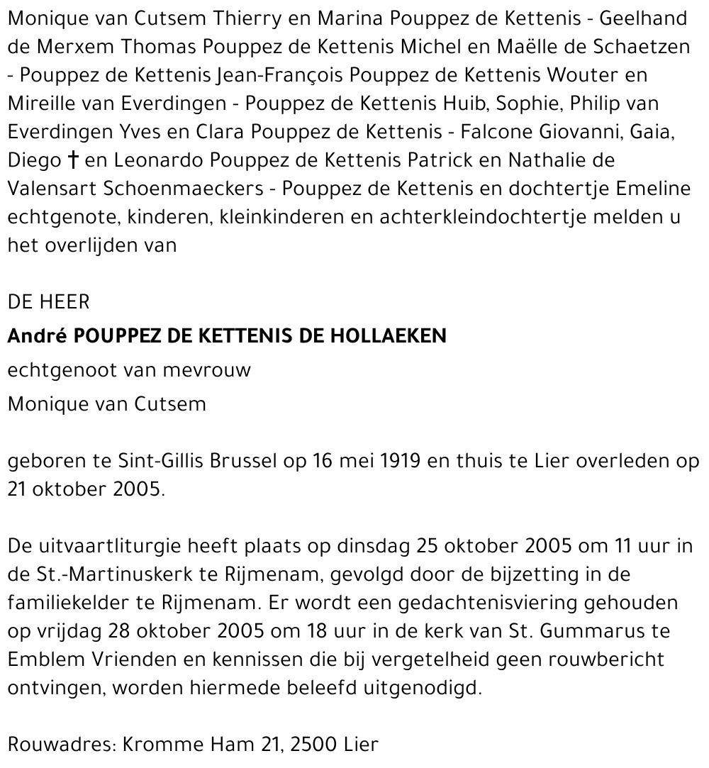 André POUPEZ DE KETTENIS DE HOLLAEKEN