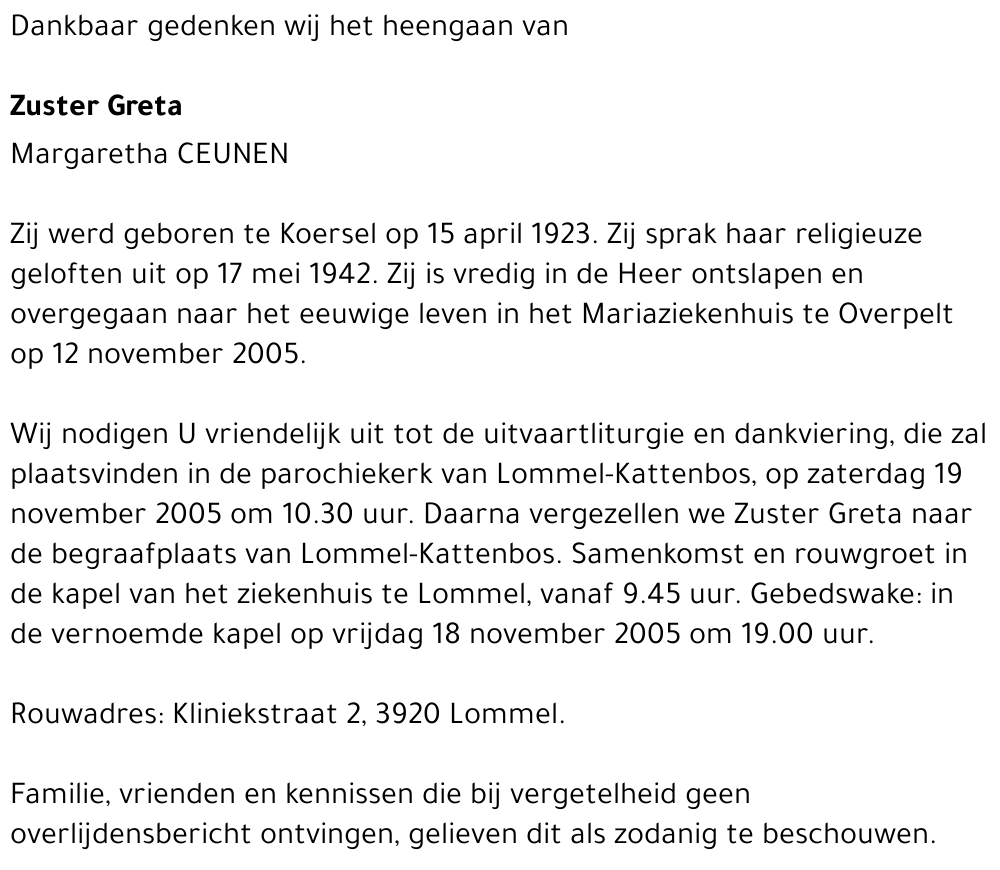 Zuster Greta Margaretha Ceunen