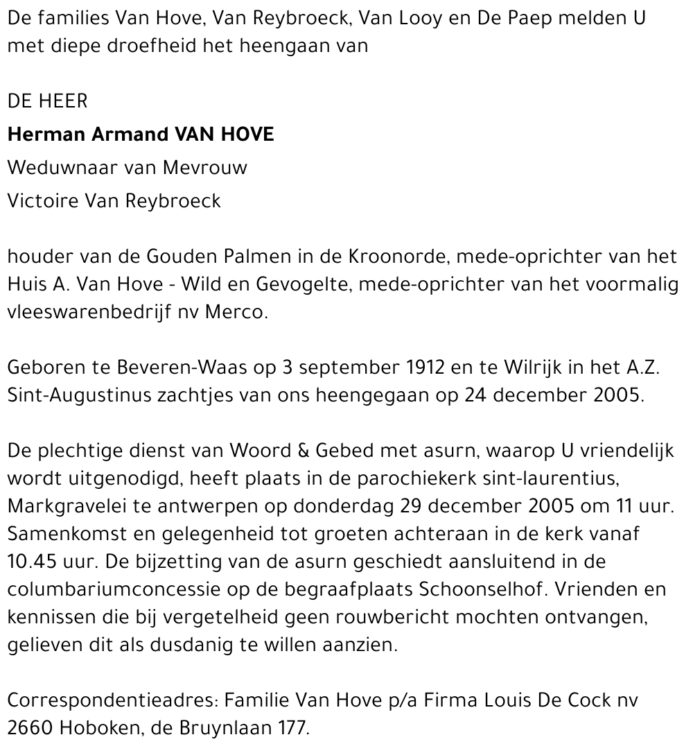 Herman Armand VAN HOVE