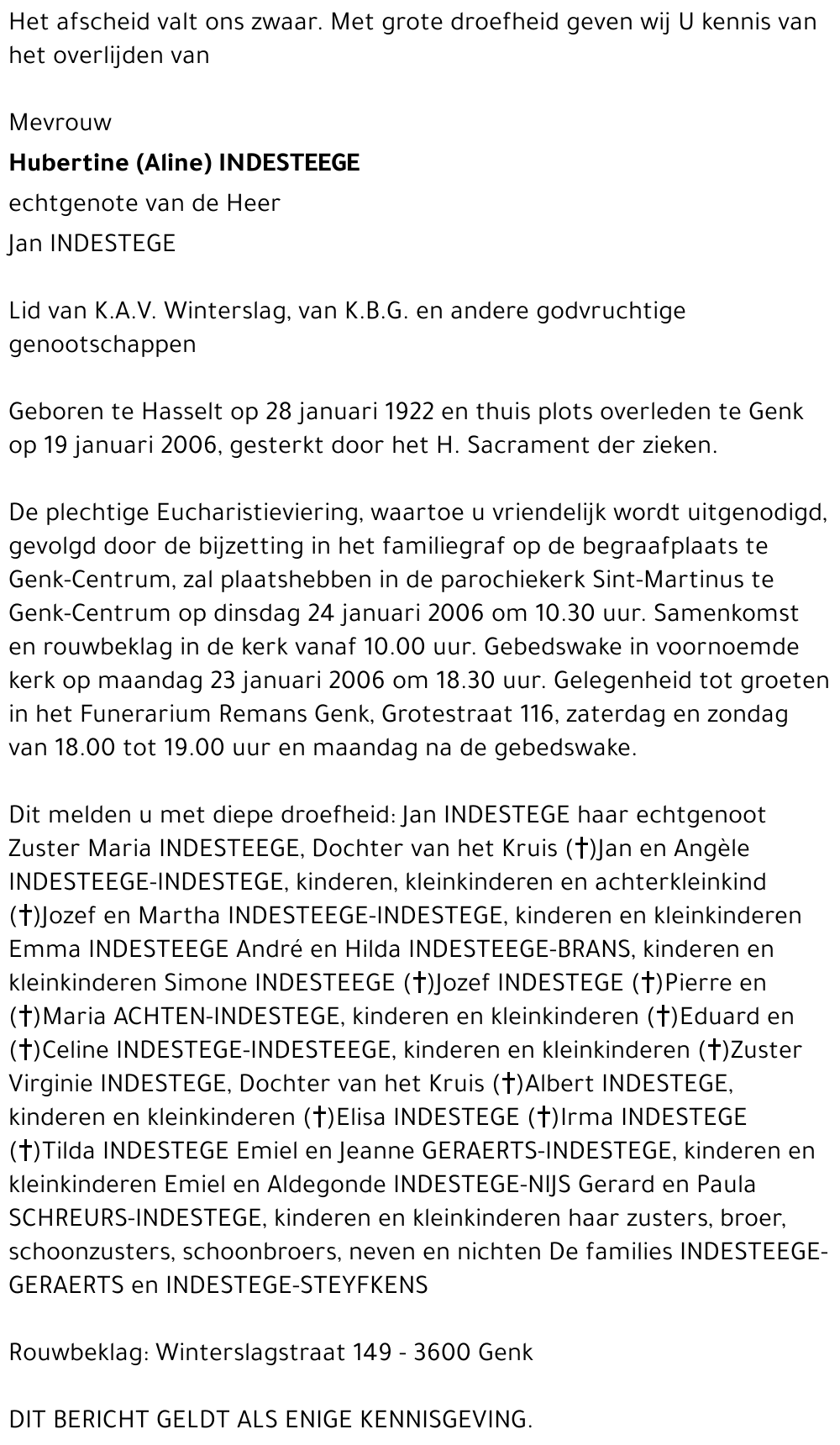 Hubertine (Aline) INDESTEEGE