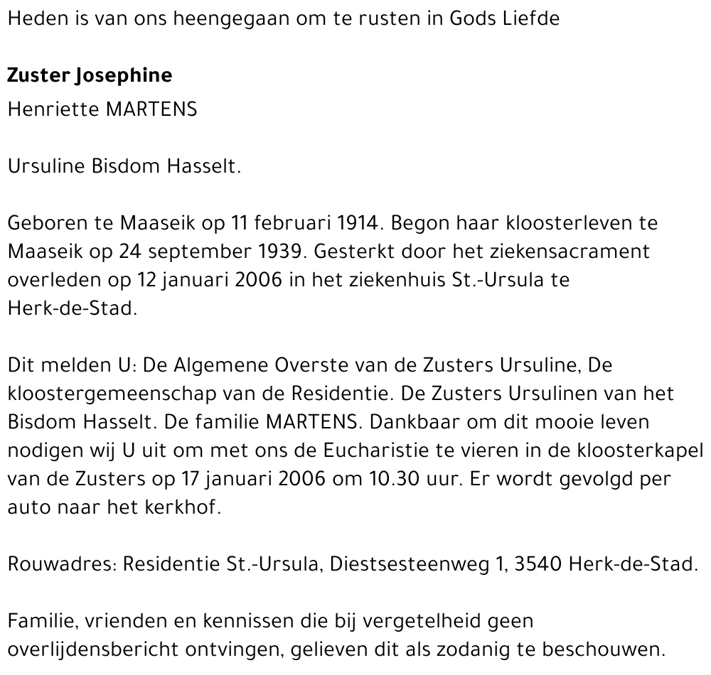 Zuster Josephine Martens Henriette