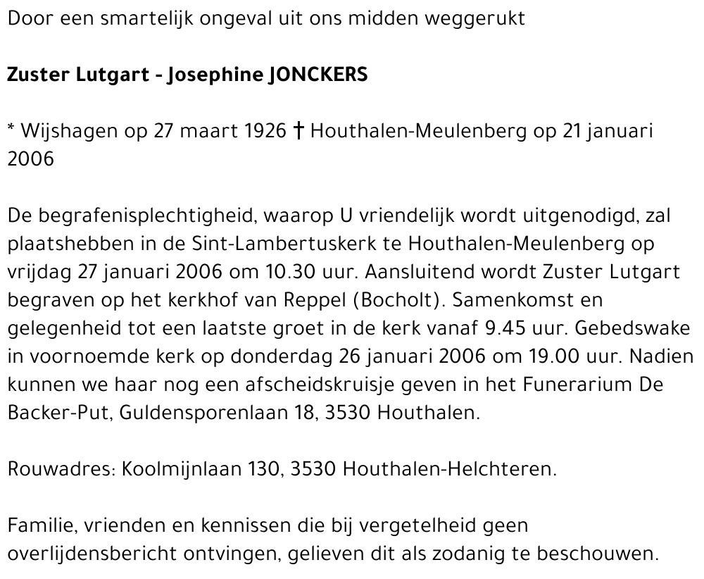 Zuster Lutgart - Josephine Jonckers