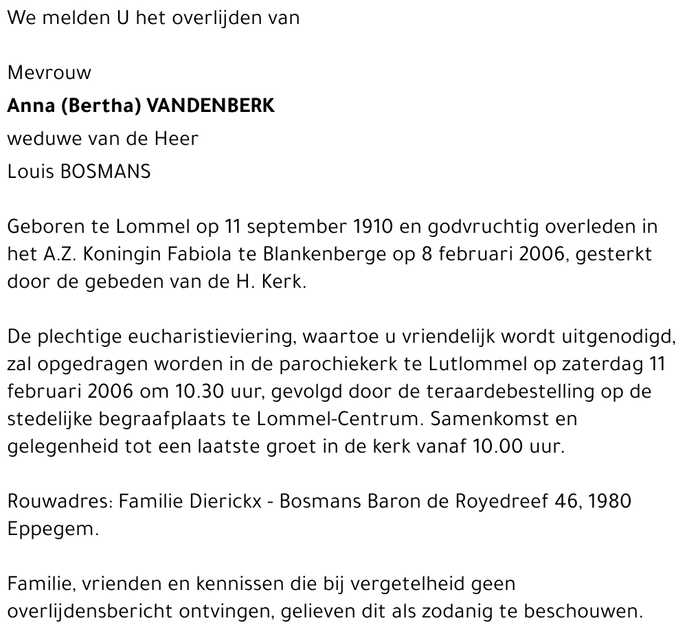 Anna (Bertha) Vandenberk