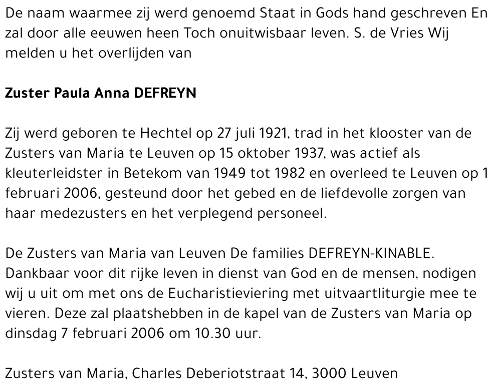 Anna (Zuster Paula) Defreyn