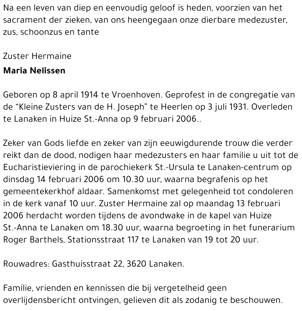 Maria Nelissen ( Zuster Hermaine)