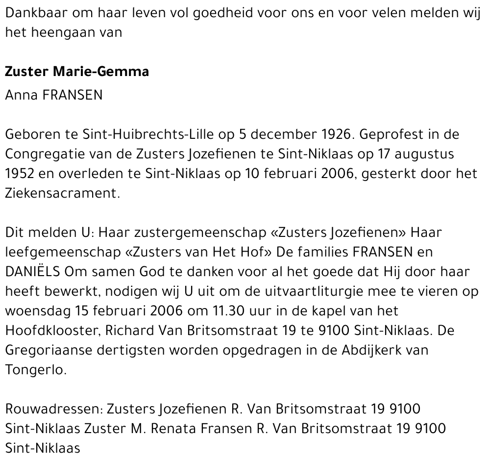 Zuster Marie-Gemma Anna Fransen