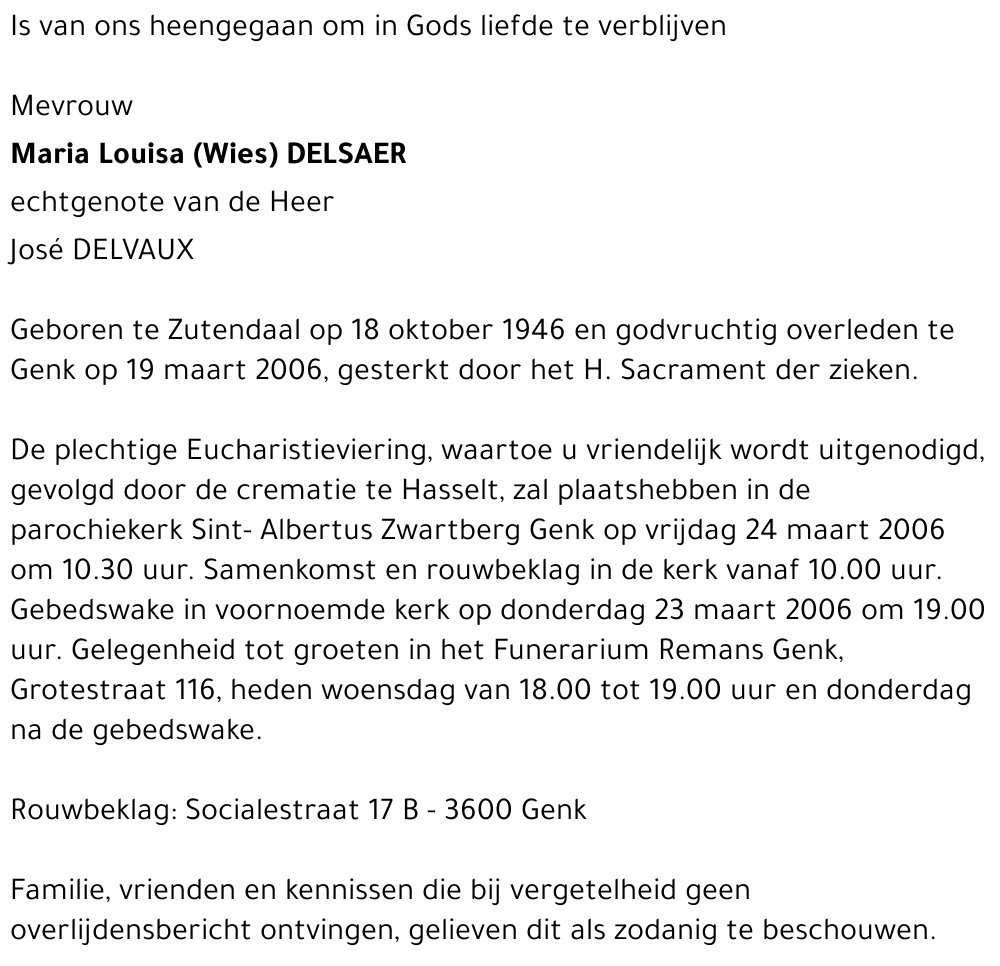 Maria Louisa (Wies) DELSAER