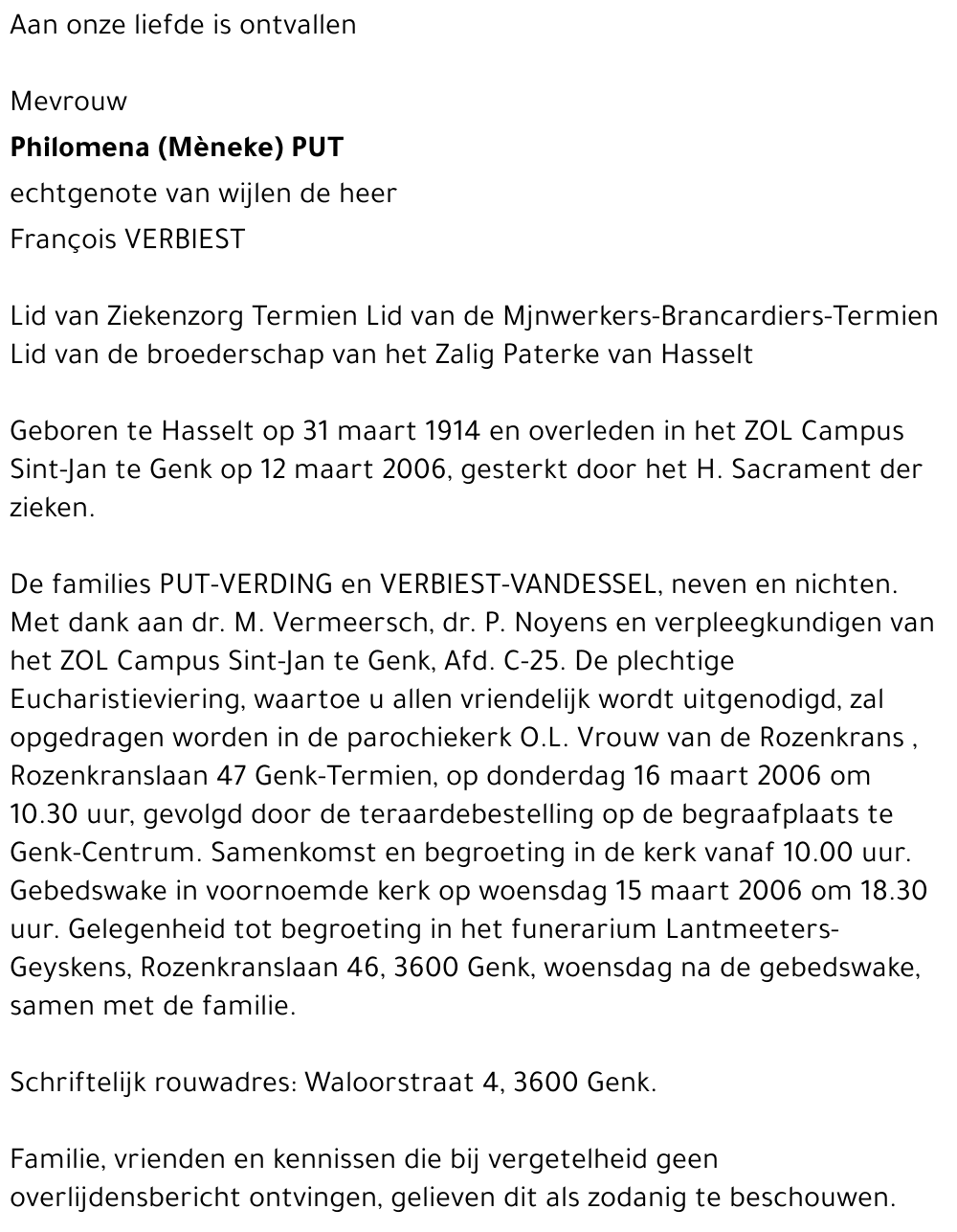 Philomena  (Mèneke) PUT