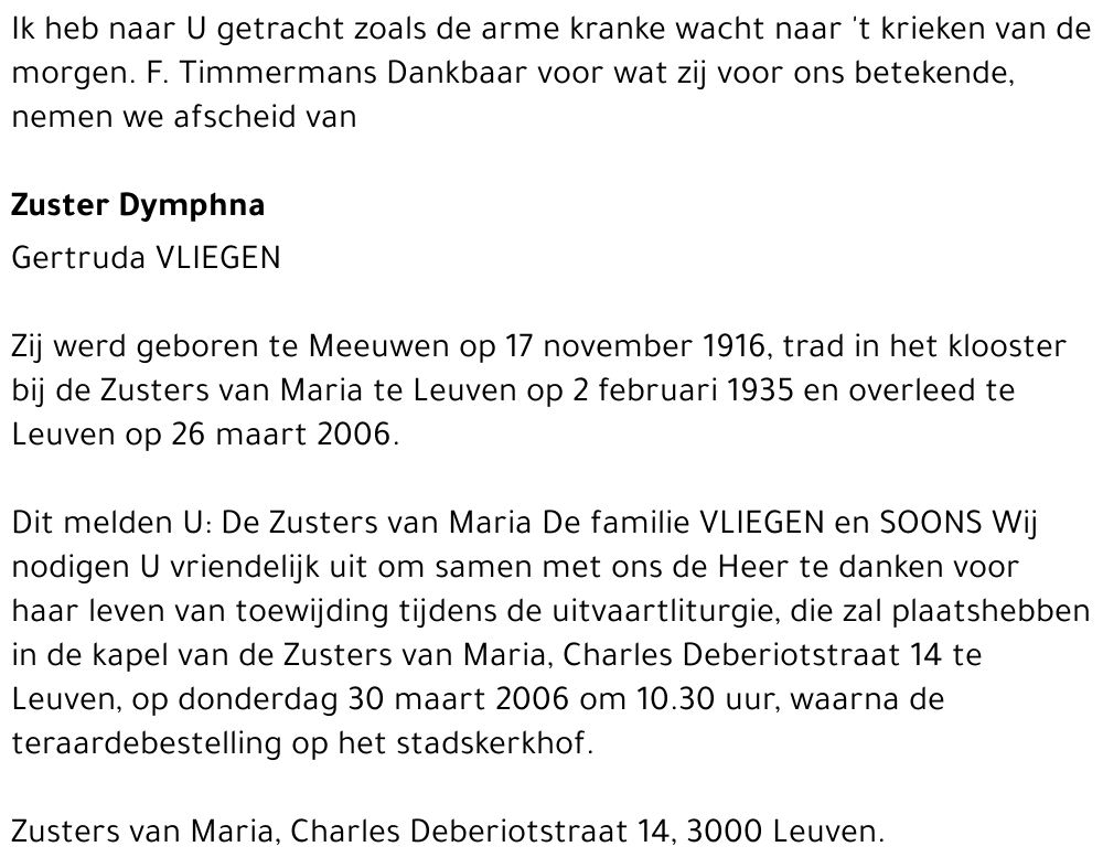 Zuster Dymphna Gertruda Vliegen