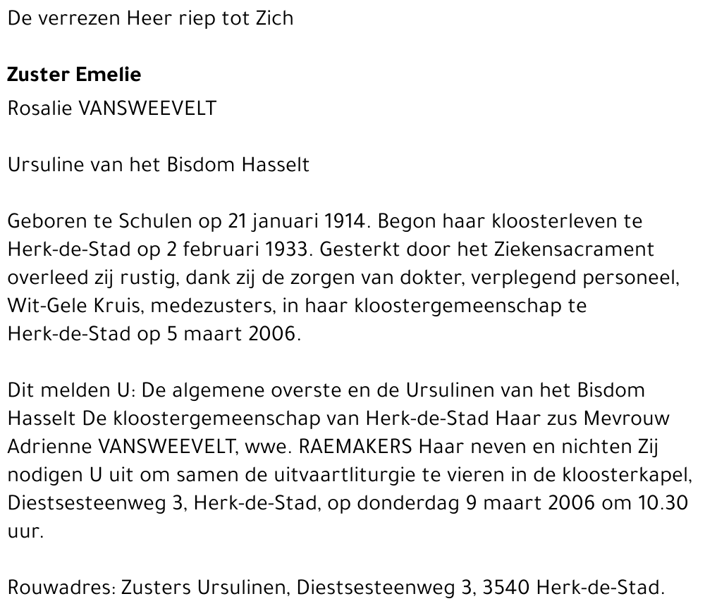 Zuster Emelie Rosalie Vansweevelt