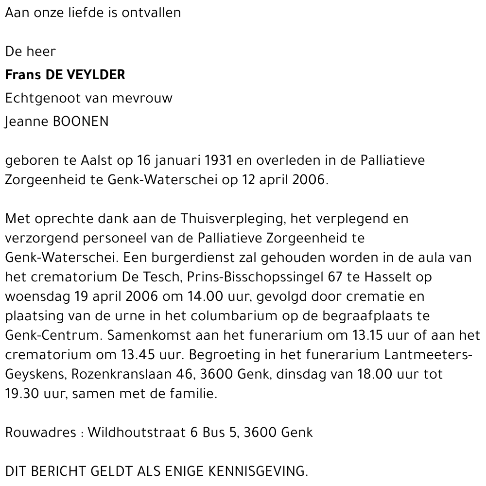 Frans DE  VEYLDER
