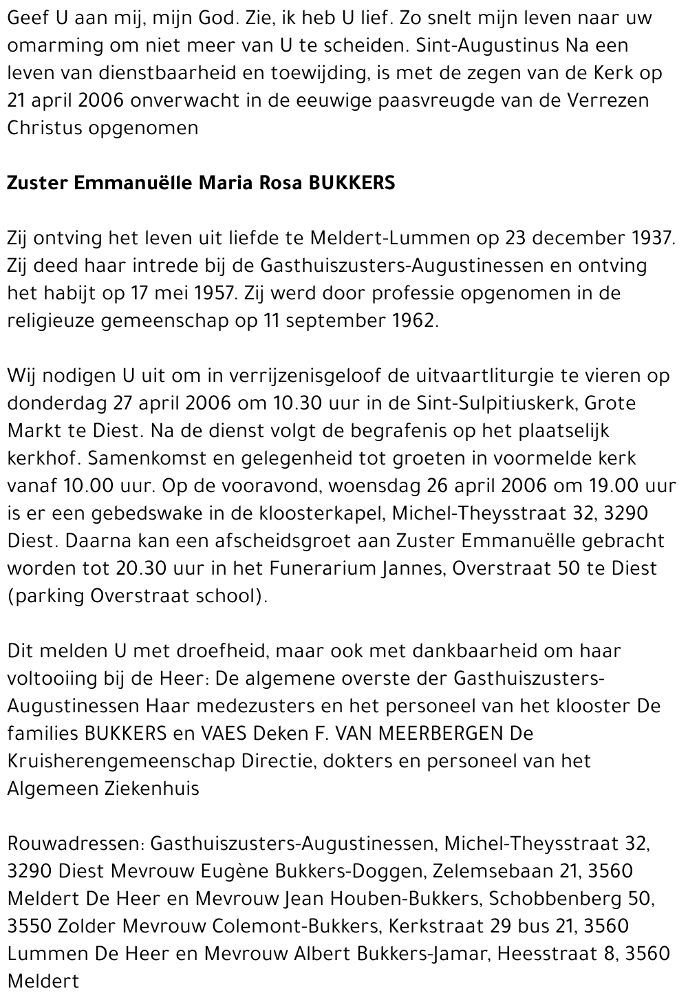 Zuster Emmanuëlle Maria Rosa Bukkers