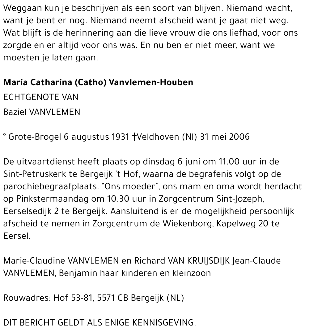 Maria Catharina (Catho) Vanvlemen-Houben