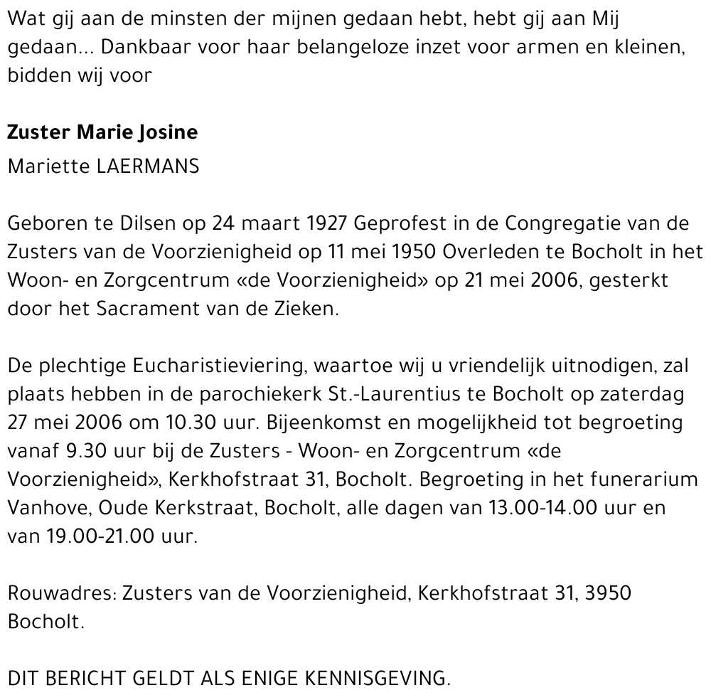 Zuster Marie Josine Mariette Laermans