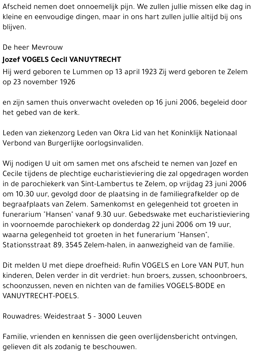 Jozef en Cecile VOGELS-VANUYTRECHT