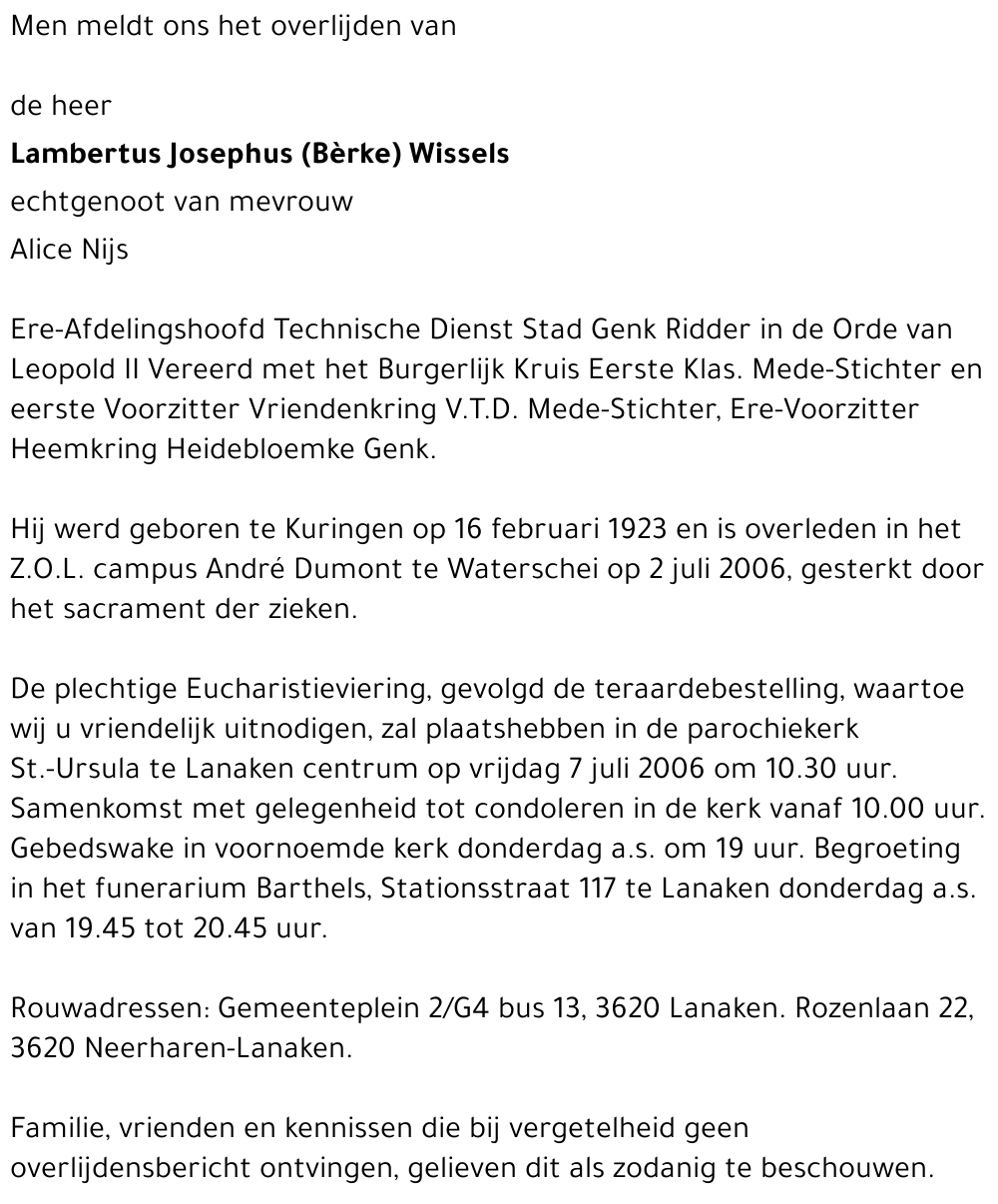 Lambertus Josephus (Bèrke) Wissels