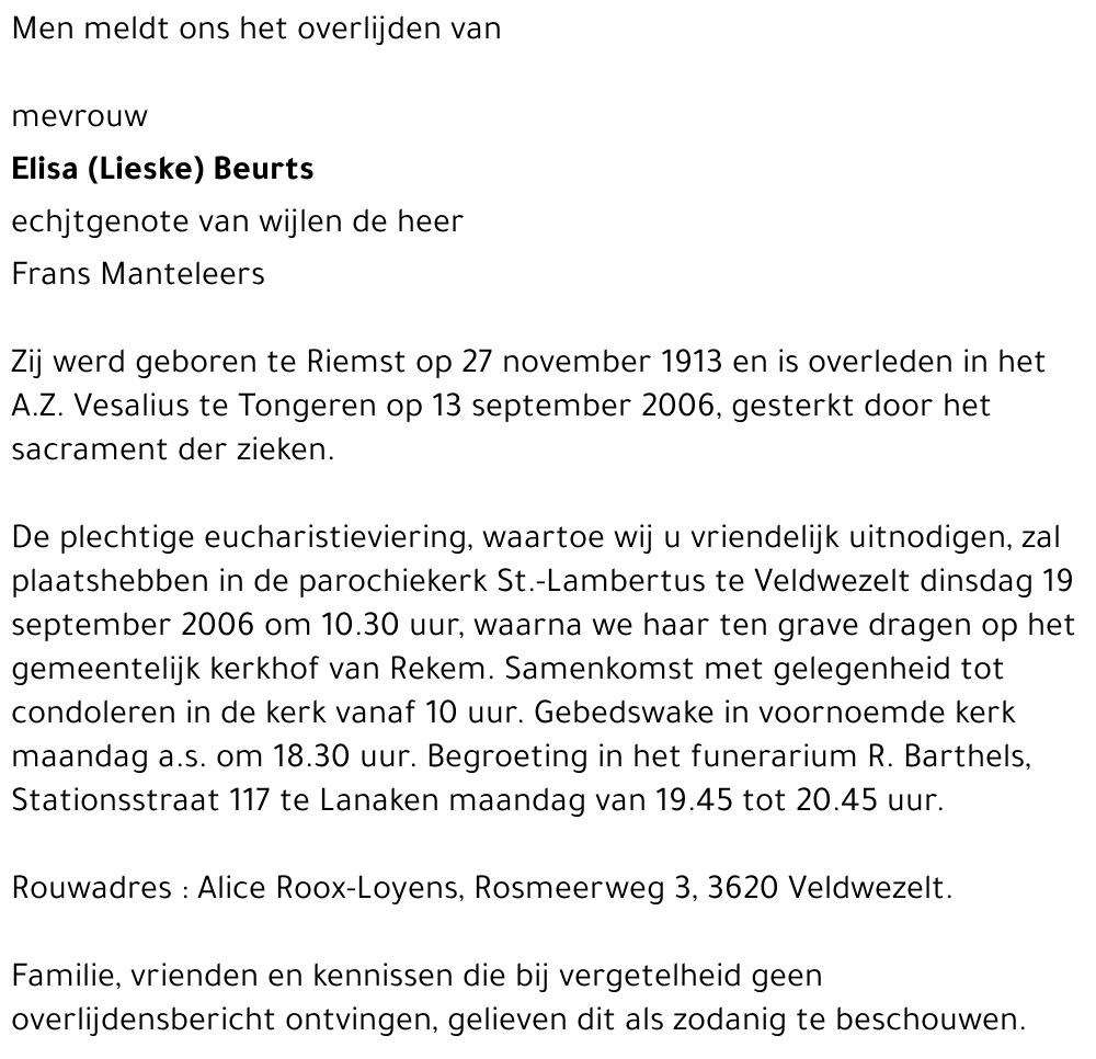 Elisa ( Lieske ) Beurts