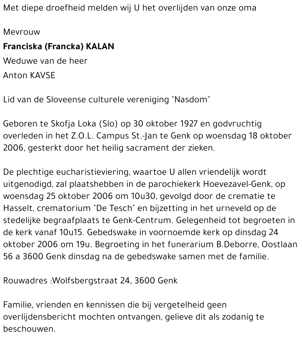 Franciska (Francka) Kalan