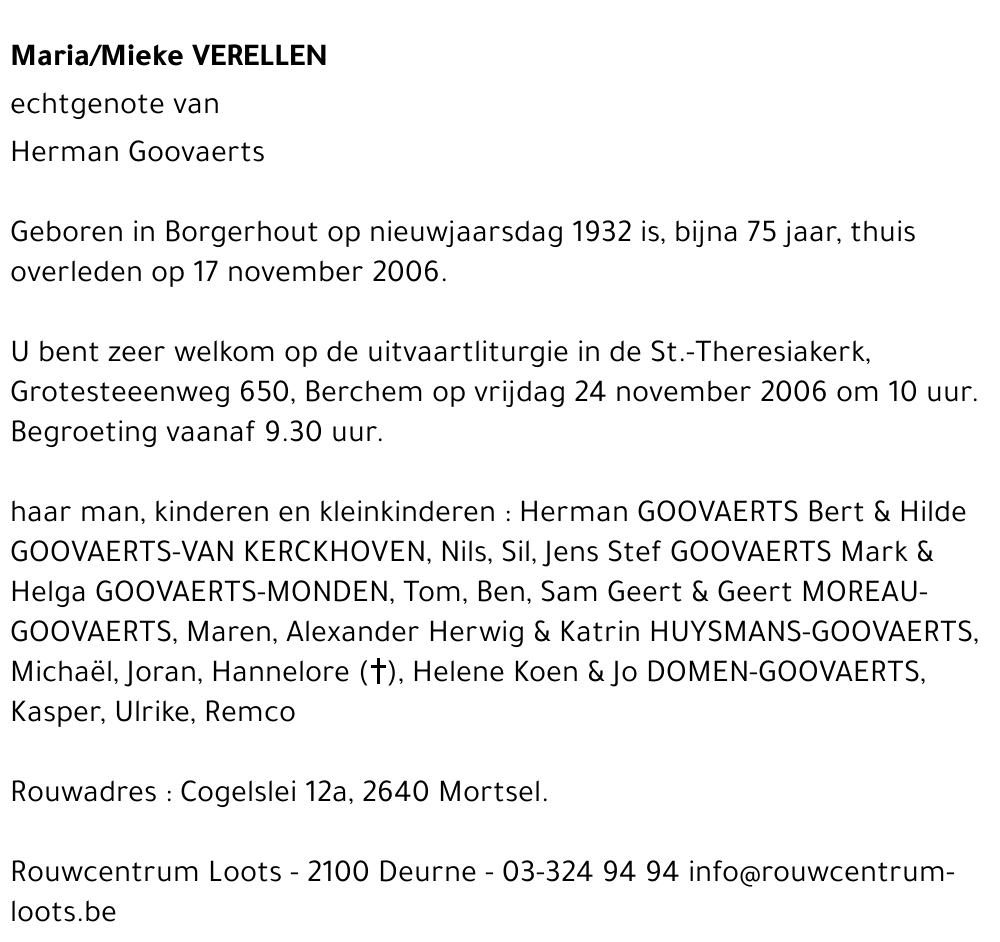 Maria/Mieke VERELLEN