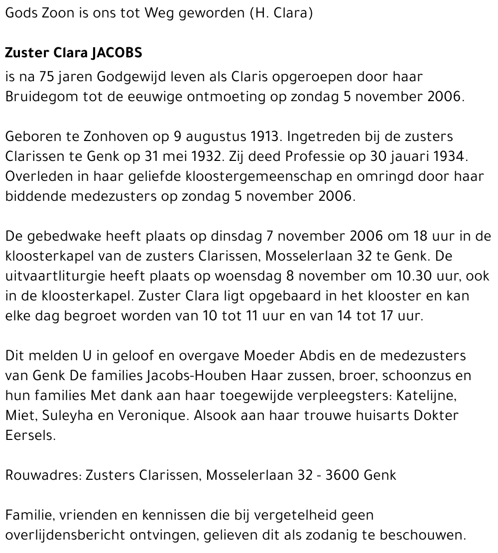 Zuster Clara JACOBS