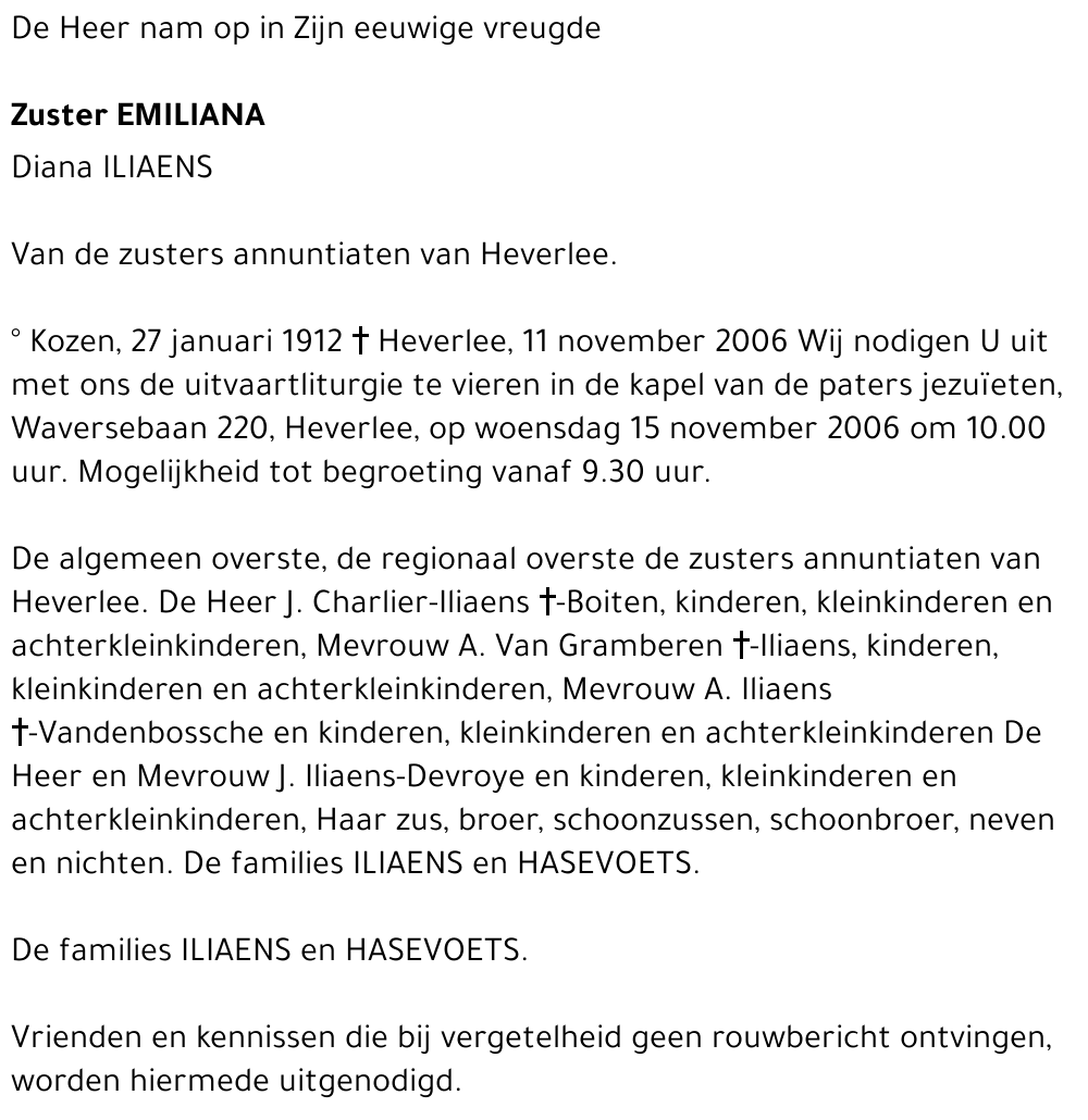 Zuster Emiliana Diana Iliaens