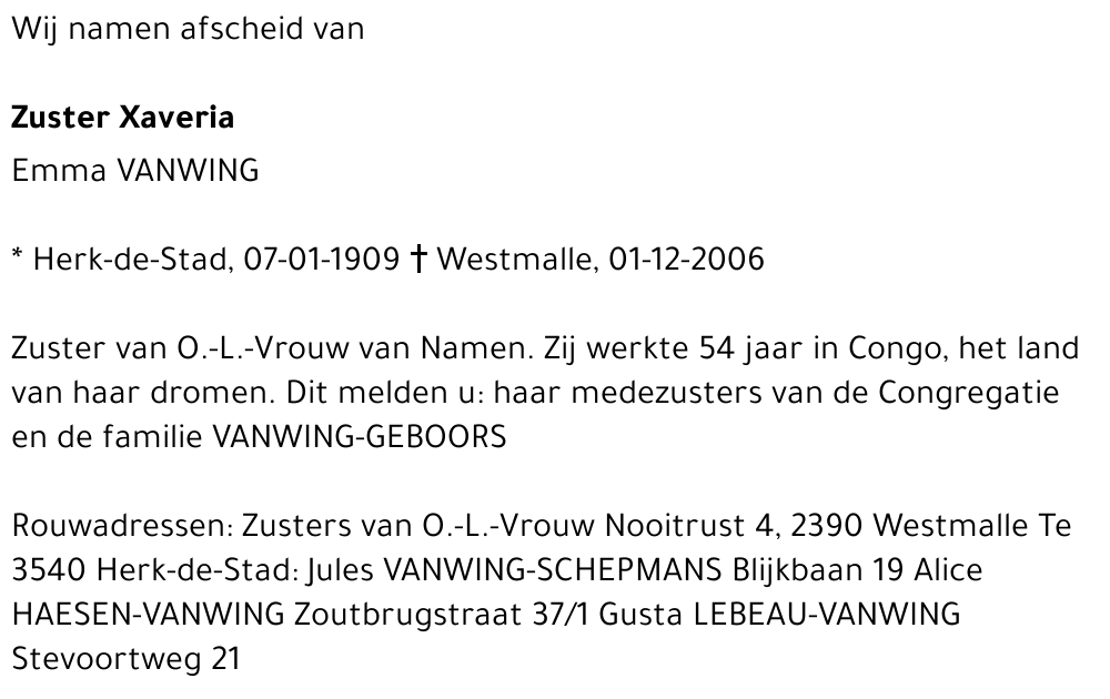 Zuster Xaveria Emma Vanwing