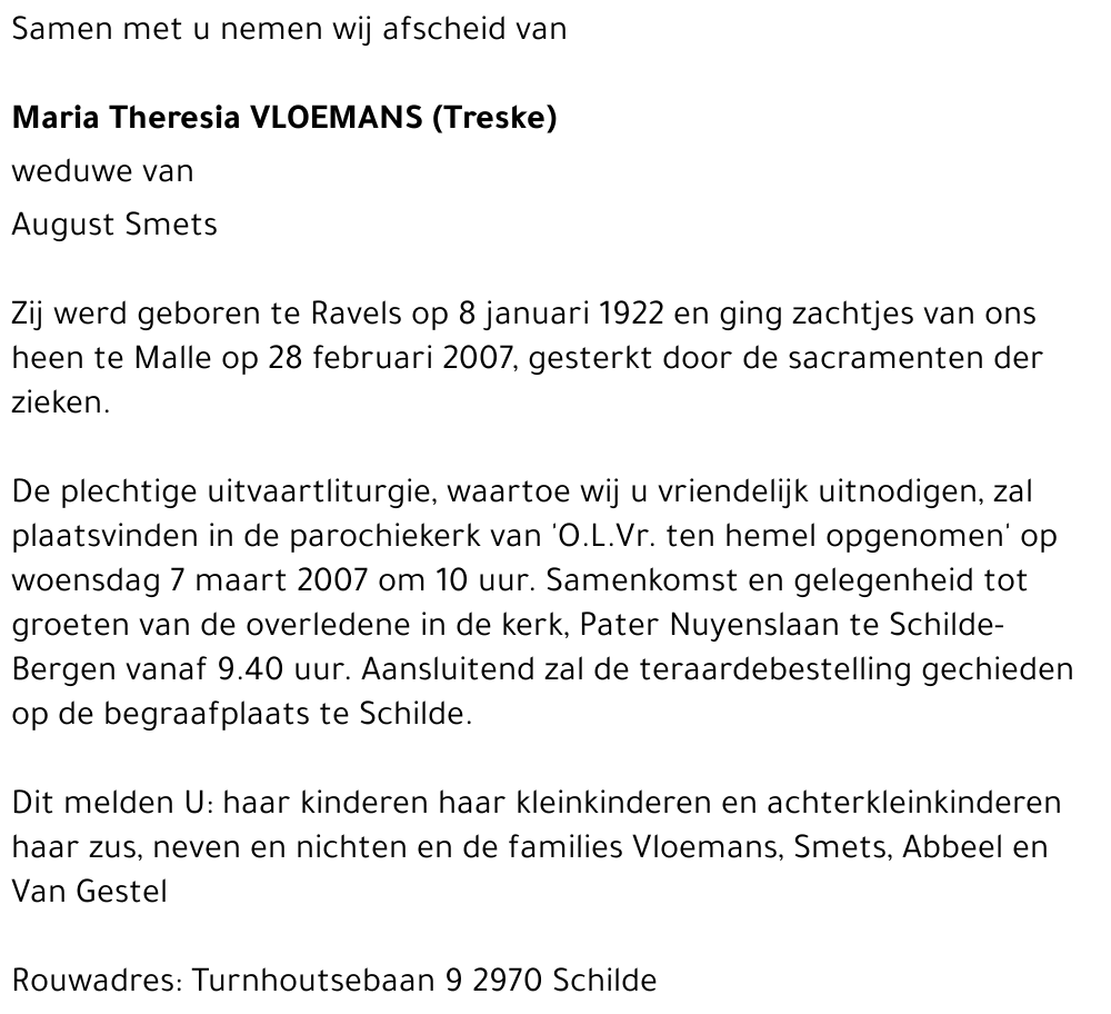 Maria Theresia (Treske) VLOEMANS