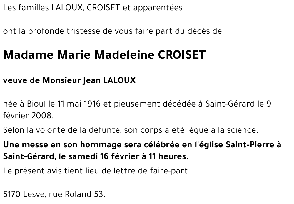 Marie Madeleine CROISET