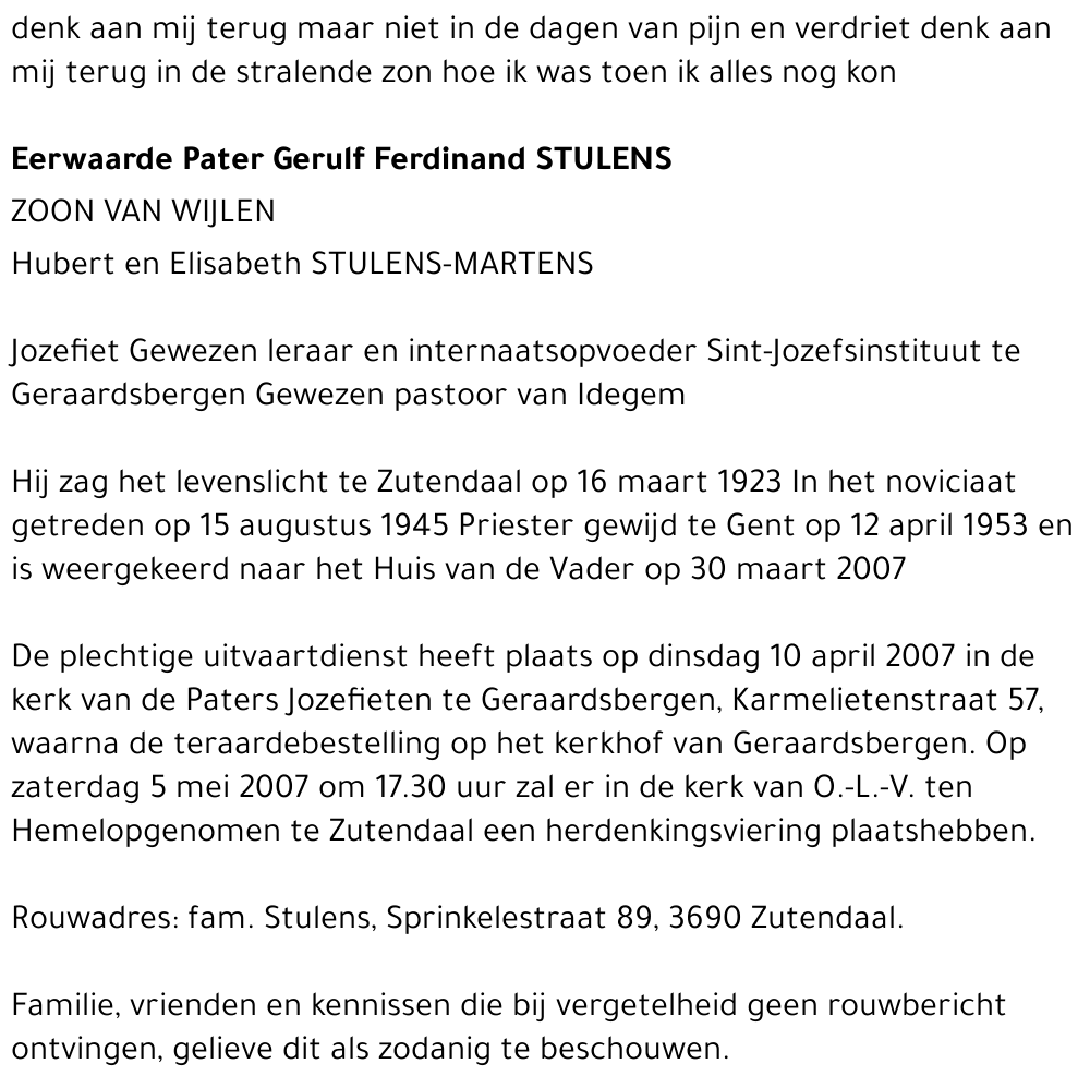 Eerwaarde Pater Gerulf Ferdinand Stulens