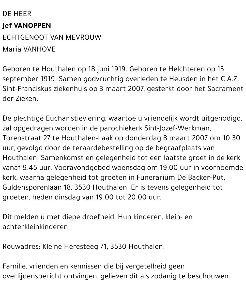 Jef / Maria Vanoppen / Vanhove
