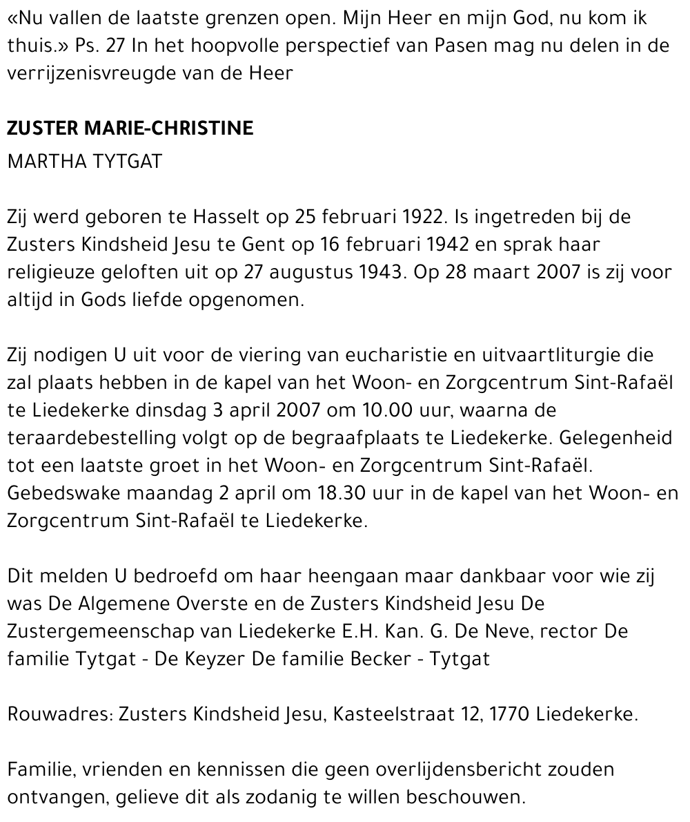 Zuster Marie-Christine Martha Tytgat