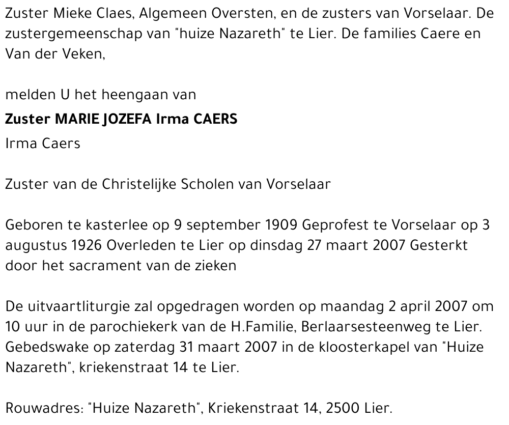 Zuster Marie Jozefa/Irma Caers